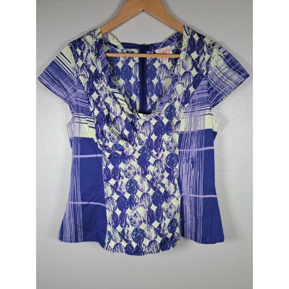 Plenty by Tracy Reese Purple Blue Mixed Print Cowl Neck Cap Sleeve Blouse 12